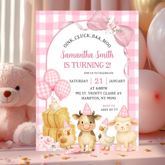 Invitation Pink Farm Animals Oink Cluck Baa Moo Birthday (Créateur téléchargé)