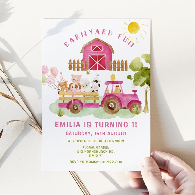 Invitation Pink Farm animaux fille premier anniversaire (Créateur téléchargé)
