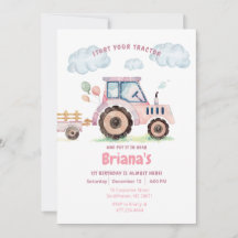 Pink Farm Tractor Girl Tout âge Anniversaire Invit