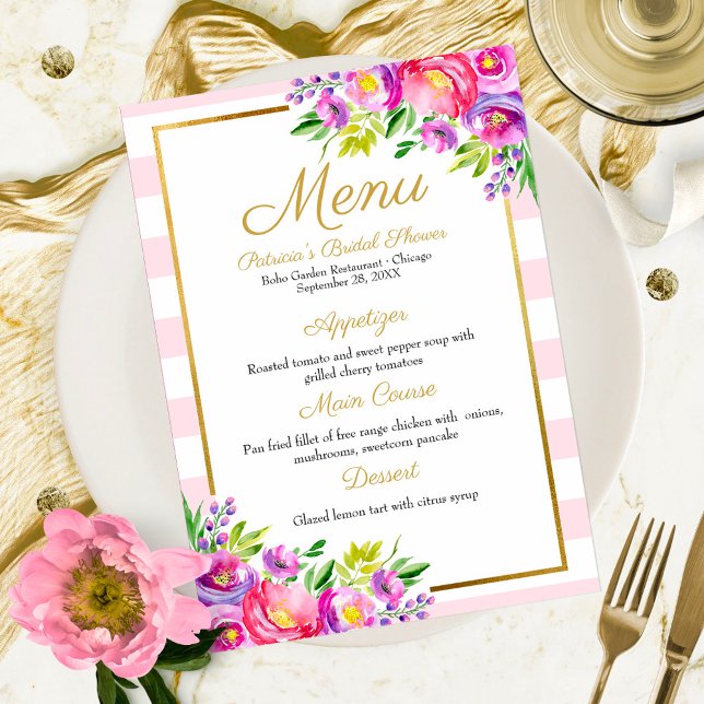 Invitation Pink & Faux Foil Gold Floral Fête des mariées Menu (Créateur téléchargé)