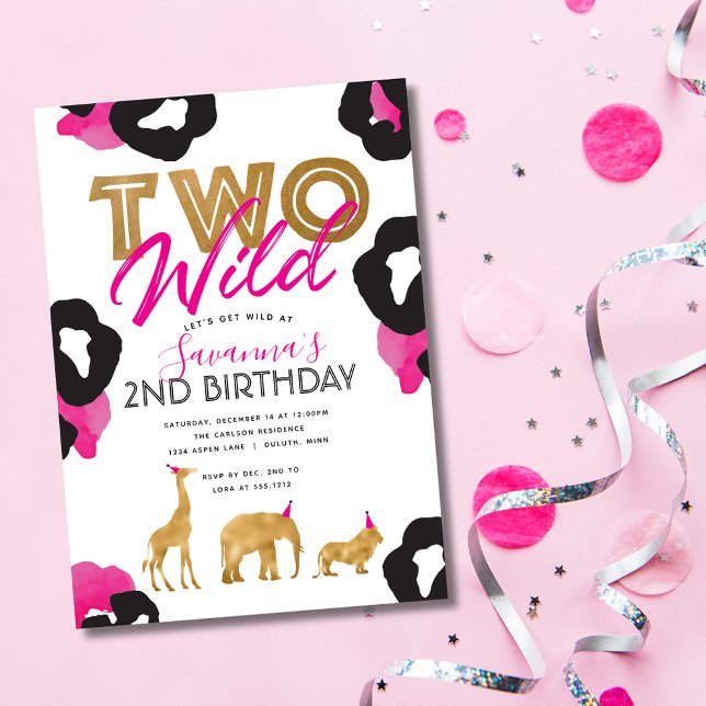 Invitation Pink Faux Gold Safari Deux Wild Birthday Invitatio (Pink Faux Gold Safari Two Wild Birthday Invitation)