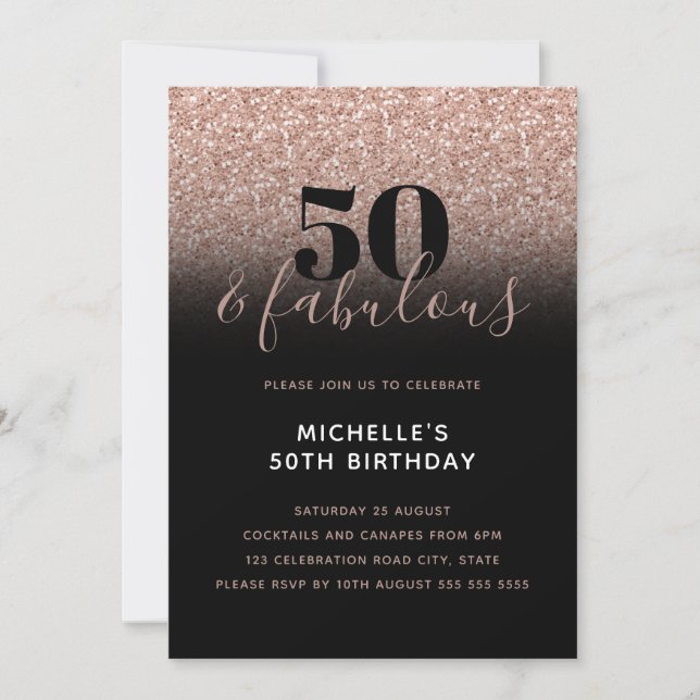 Invitation Pink Faux Parties scintillant 50 & Fabulous 50th B (Devant)