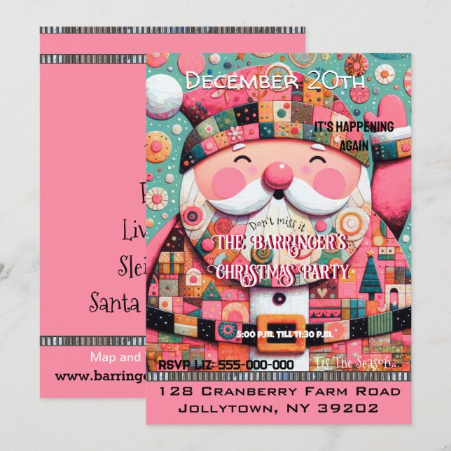 Invitation Pink Festive Chic Cheery Père Noël annuel Noël (Devant / Derrière)
