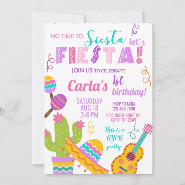 Invitation pink Fiesta girl birthday invitation, any age. (Devant)