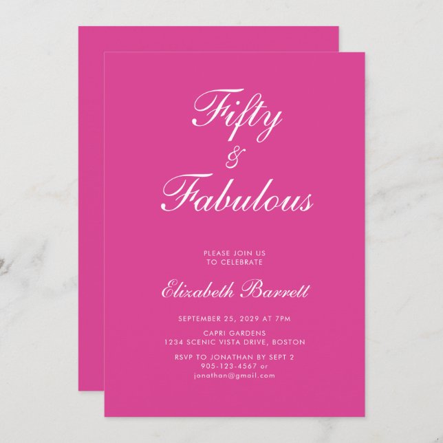 Invitation Pink Fifty and Fabulous Script 50th Birthday Party (Devant / Derrière)