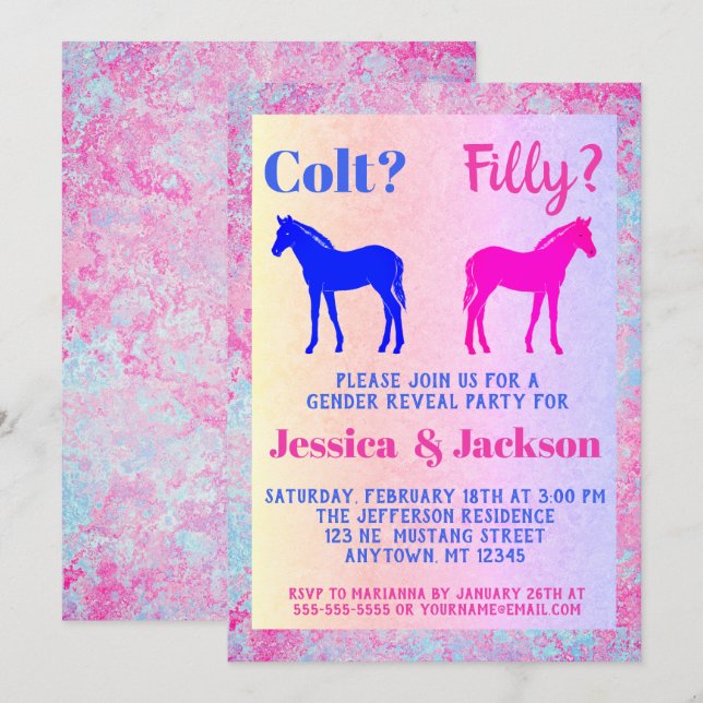 Invitation Pink Filly & Colt Bleu Style occidental Révélation (Devant / Derrière)