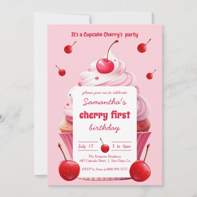 Invitation Pink First Cherry & Cupcake Anniversaire (Devant)