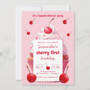 Invitation Pink First Cherry & Cupcake Anniversaire