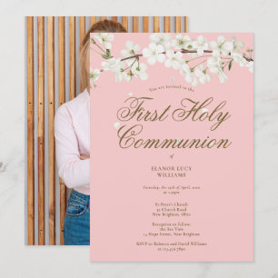Invitation Pink First Holy Communion White Blossom Photo