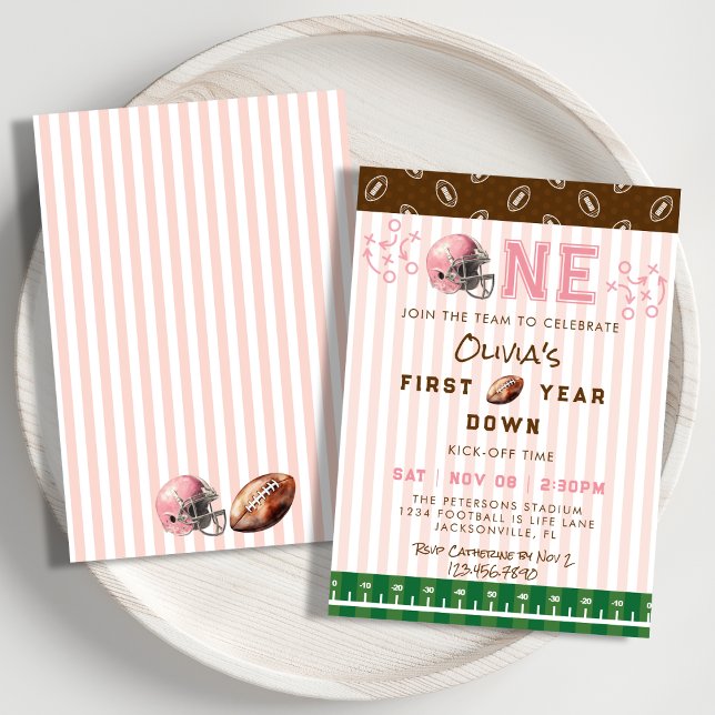 Invitation Pink First Year Down Football 1st Birthday Party (Créateur téléchargé)