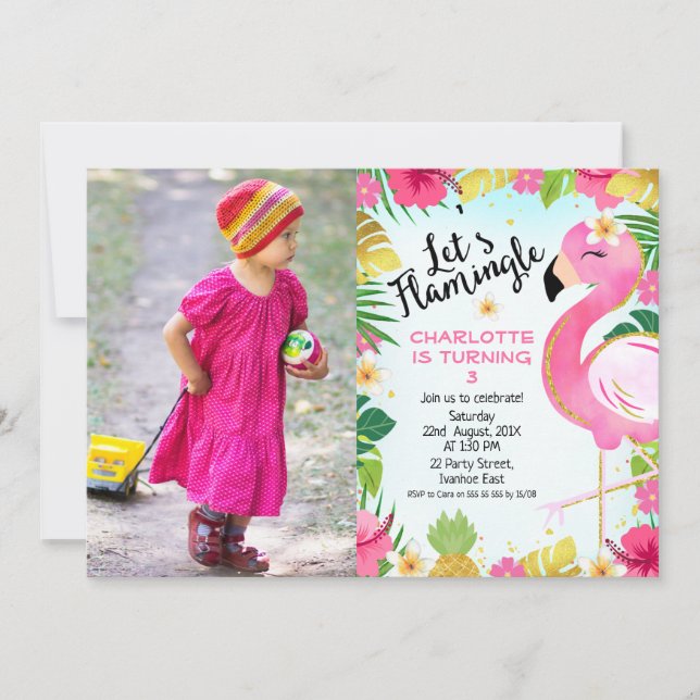 Invitation Pink Flamingle Floral Foliage Photo Anniversaire (Devant)