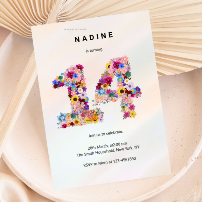 Invitation Pink Floral 14th Birthday Garden Spring Wildflower (boho soft pink floral, flower arrangement, invitation invite, cute unique girly, elegant modern, 14t)