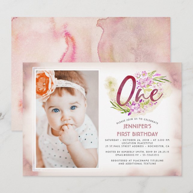 Invitation Pink Floral 1er Anniversaire Photo (Devant / Derrière)