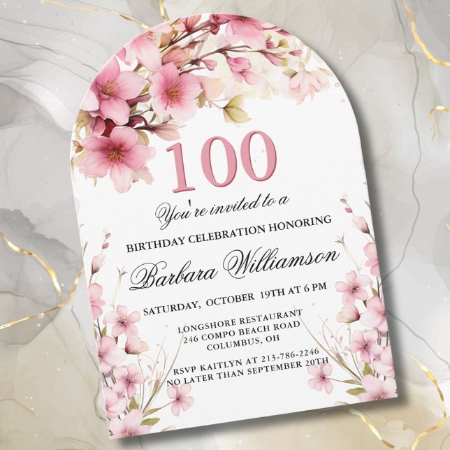 Invitation Pink Floral Arch Elégance 100e fête d'anniversaire (Créateur téléchargé)