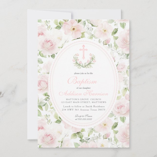 Invitation Pink floral Baptism Invitation, Girl Baptism,  (Devant)