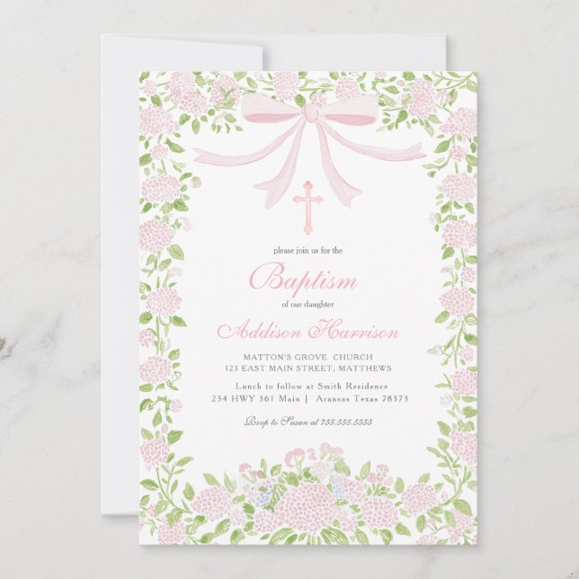 Invitation Pink floral Baptism Invitation, Girl Baptism,  (Devant)