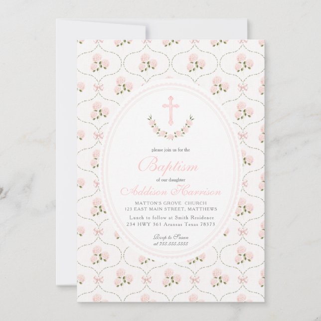 Invitation Pink floral Baptism Invitation, Girl Baptism,  (Devant)
