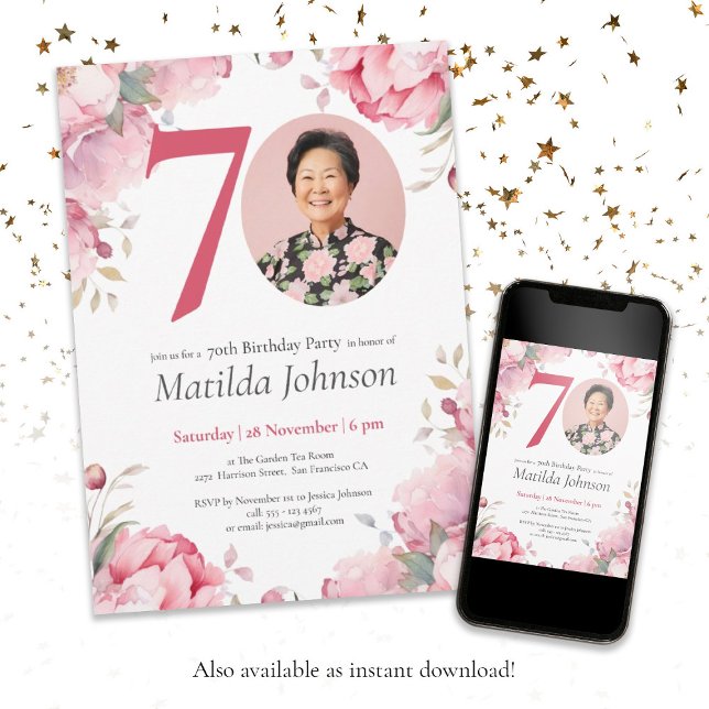 Invitation Pink Floral Botanical Custom Photo 70e anniversair (70th Birthday Pink Floral Botanical Custom Photo Invitation
)
