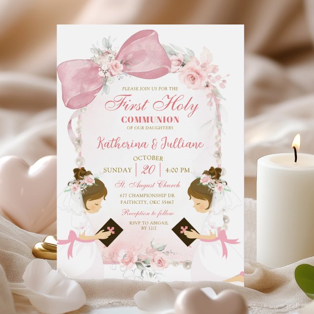 Invitation Pink Floral Bow Twins Girl First Holy Communion (Créateur téléchargé)