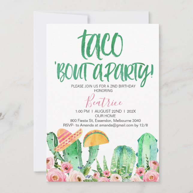 Invitation Pink Floral Cactus Taco Bout Une fête Anniversaire (Devant)