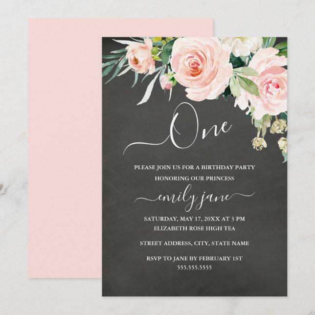 Invitation Pink Floral Chalkboard 1er anniversaire (Devant / Derrière)