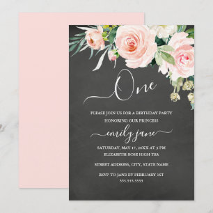 Invitation Pink Floral Chalkboard 1er anniversaire
