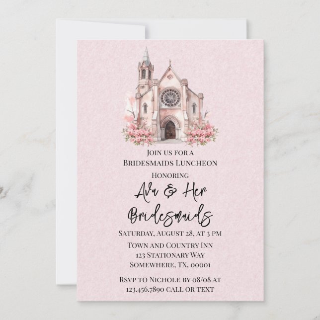 Invitation Pink Floral Church Bridesmaitres déjeuner (Devant)