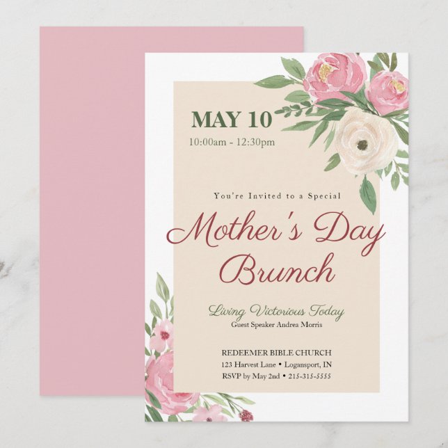 Invitation Pink Floral Church Fête des Mères Brunch (Devant / Derrière)
