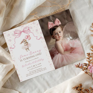 Invitation Pink Floral Coquette Bow Bunny 1st Birthday Photo