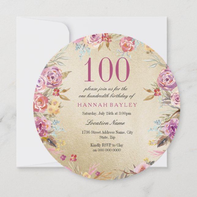 Invitation Pink Floral Country Gold 100e fête d'anniversaire (Devant)
