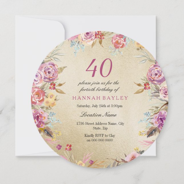 Invitation Pink Floral Country Gold 40e fête d'anniversaire (Devant)