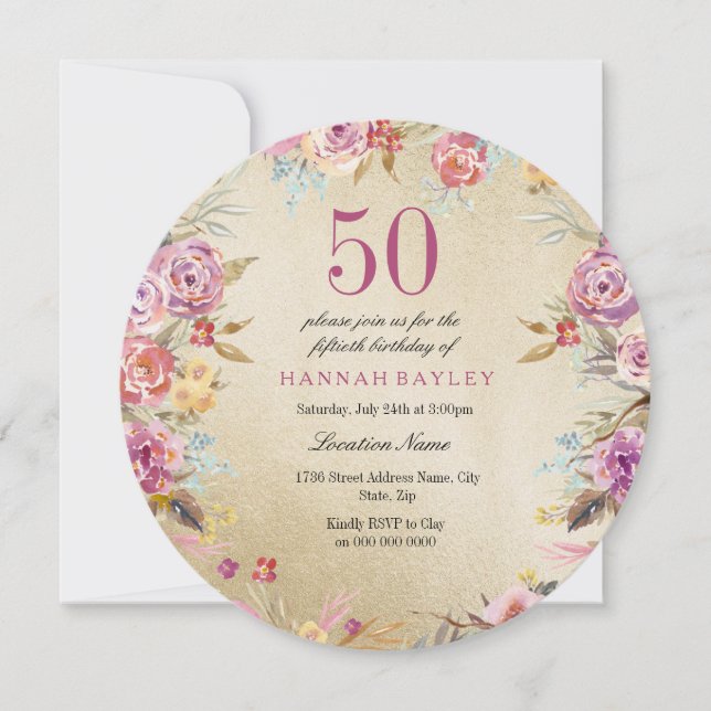 Invitation Pink Floral Country Gold 50e fête d'anniversaire (Devant)