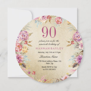 Invitation Pink Floral Country Gold 90e fête d'anniversaire