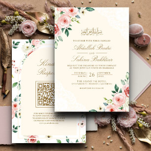 Invitation Pink Floral Cream Lace QR Code Musulman Mariage