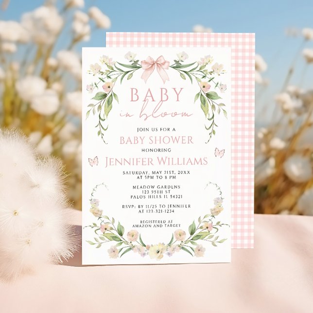 Invitation Pink Floral Cute Bow Baby in Bloom Girl Douche (Créateur téléchargé)
