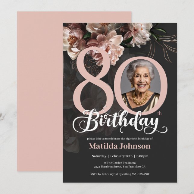 Invitation Pink Floral Dark Grey Photo 80e anniversaire (Devant / Derrière)
