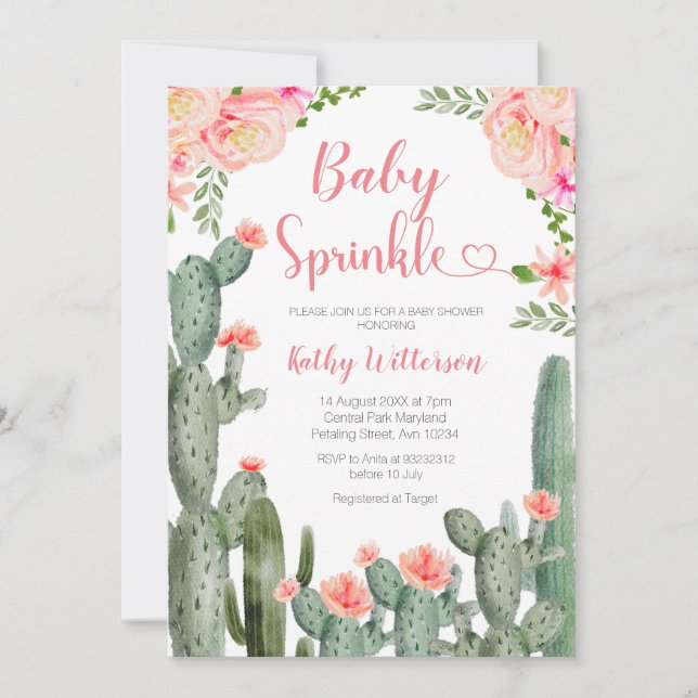 Invitation Pink Floral Desert Cactus Succulent Baby Sprinkle (Devant)