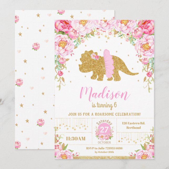 Invitation Pink Floral Dinosaur Tricératops Fille d'anniversa (Devant / Derrière)