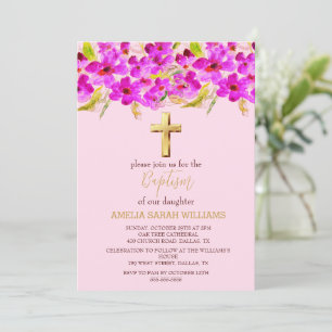 Invitation Pink Floral Elegant Gold Cross Baby Girl Baptism