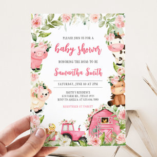 Invitation Pink Floral Farm Barnyard Baby shower