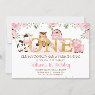Invitation Pink Floral Farm Gold Un premier anniversaire