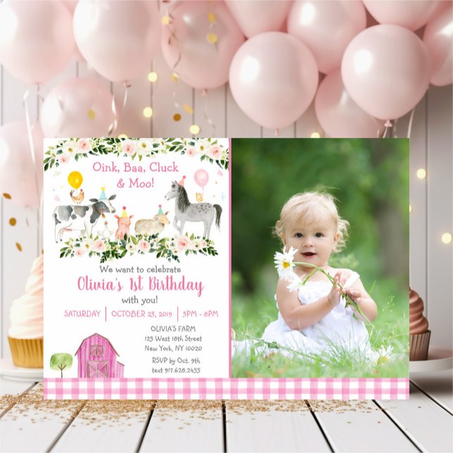 Invitation Pink Floral ferme animal 1er anniversaire (Créateur téléchargé)