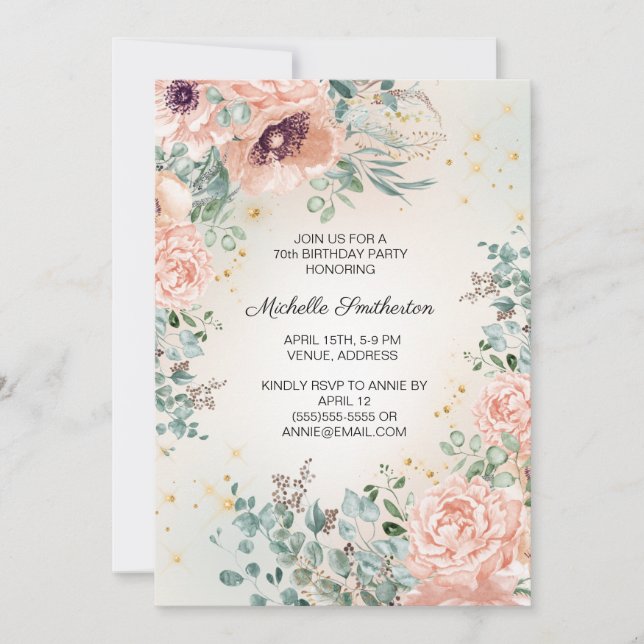 Invitation Pink Floral Foliage Gold Parties scintillant 70e a (Devant)