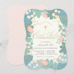 Invitation Pink Floral Foliages Fille Première Sainte Communi