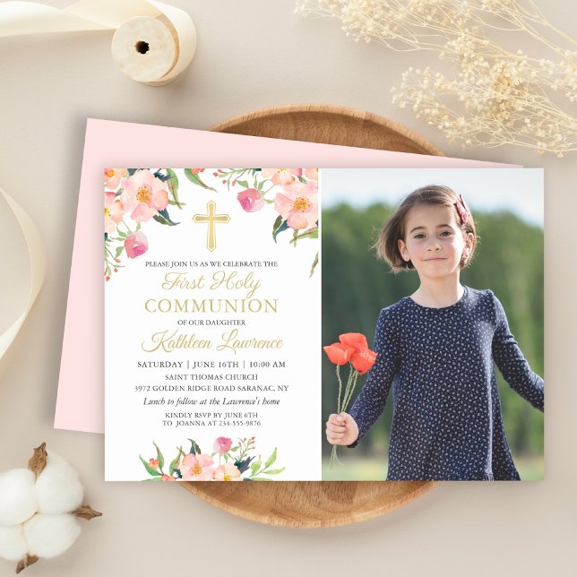 Invitation Pink Floral Girl First Holy Communion Photo Invita (Créateur téléchargé)