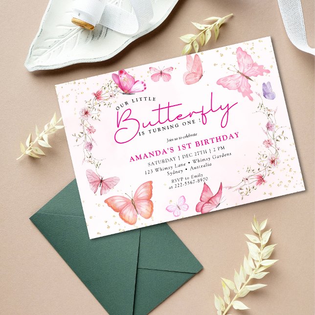 Invitation Pink floral Glitter a little Butterfly birthday  (Créateur téléchargé)