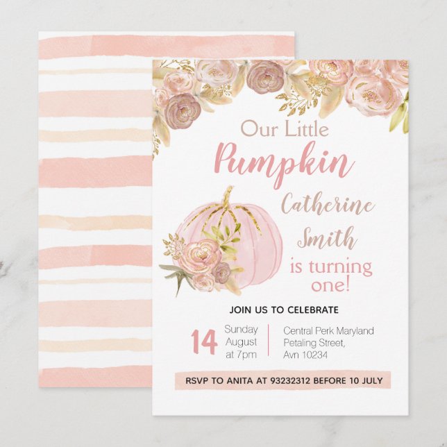 Invitation Pink Floral Gold Citrouille 1er anniversaire (Devant / Derrière)