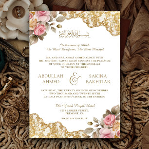 Invitation Pink Floral Gold Lace QR Code Mariage musulman