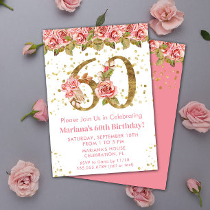 Invitation Pink Floral Gold Parties scintillant 60e fête d'an