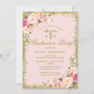 Invitation Pink Floral Gold Parties scintillant Infirmière di